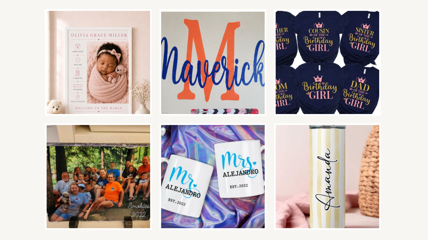 A 2x3 collage of six personalized product and photo examples on a light beige background, including framed wall art, a large letter monogram sign, matching navy birthday shirts, a family photo, custom fabric name tags, and a striped tumbler with script text.