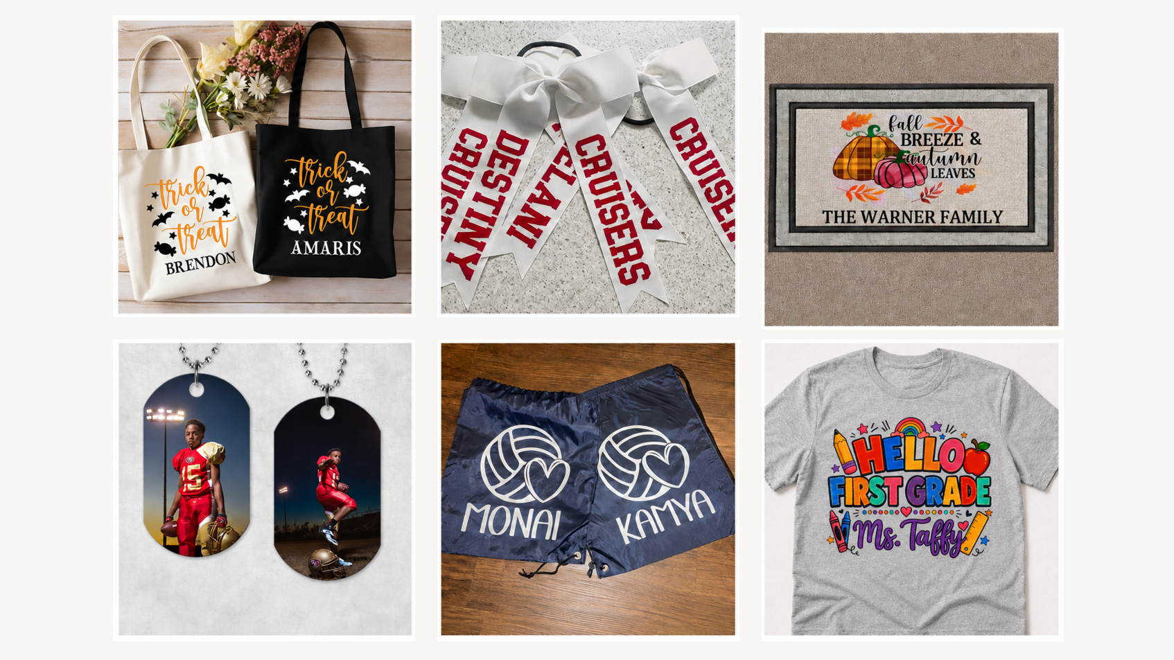 A collage of six custom sports-themed merchandise items, including tote bags, ribbons, a framed print, dog tags, shorts, and a graphic t-shirt, all featuring volleyball and athletic designs.